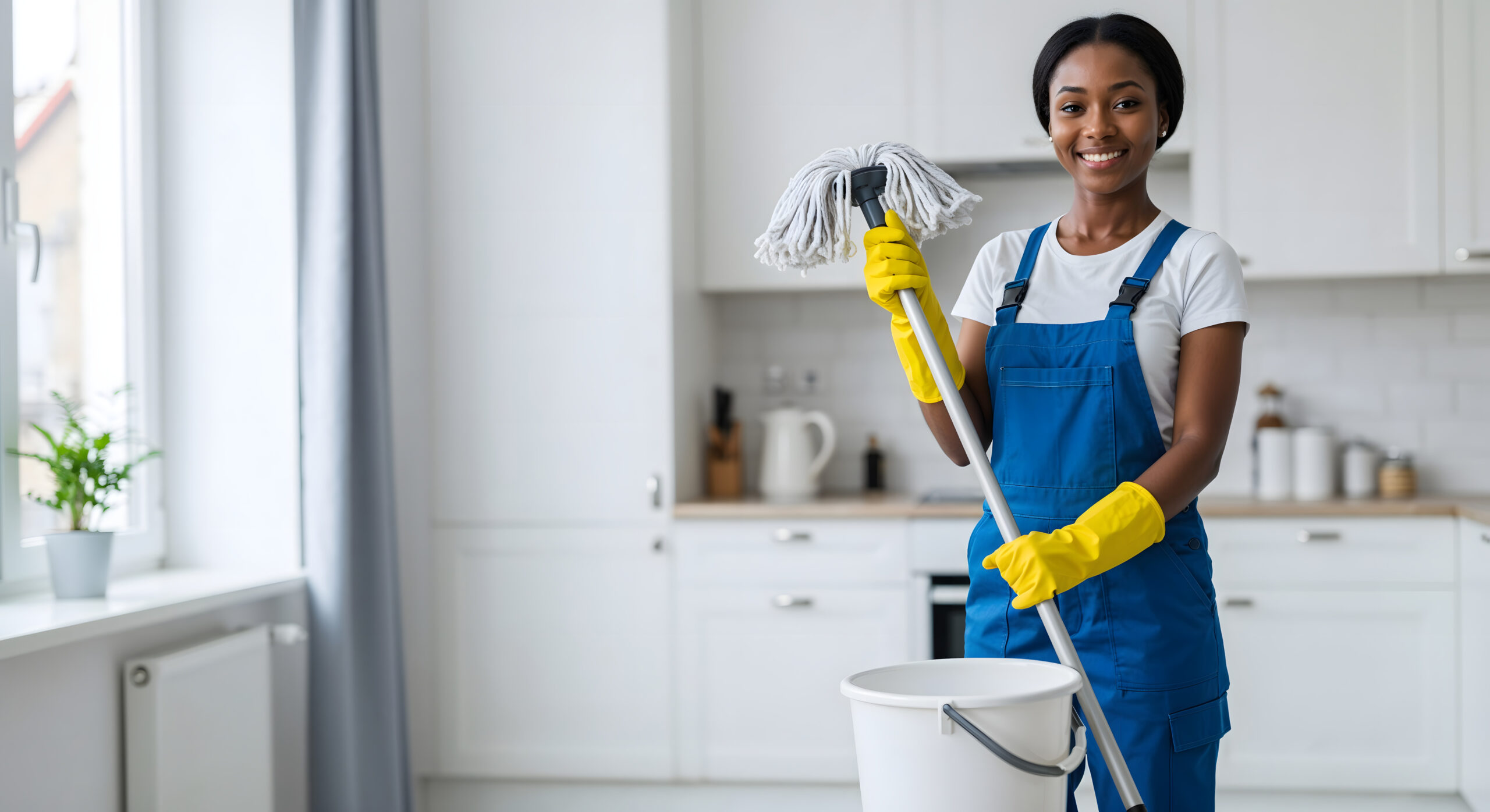 Smiling Black Woman Holding Mop and Bucket, in Kitchen, Professional Cleaning Service home cleaning in Mobile AL